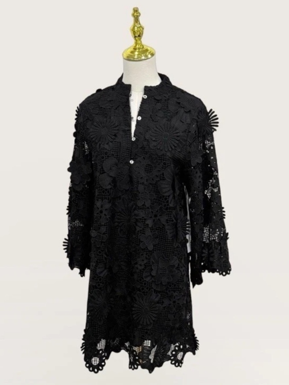 J.Marie Seraphina Shift Dress X-Small Black Floral 3D Lace 3/4 Sleeve Kaftan NWT - Picture 4 of 16